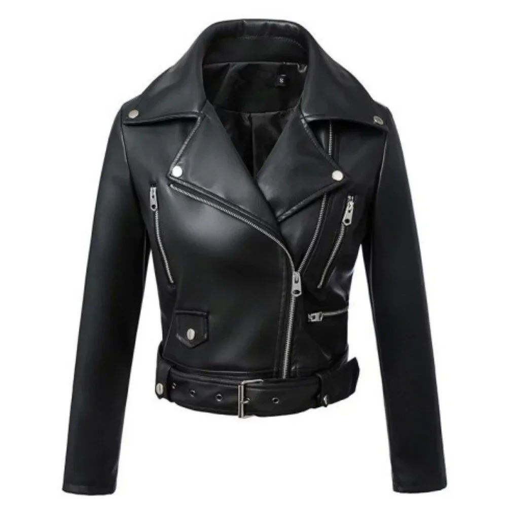 Black faux leather jacket with collar and belt - Picture 1 of 3